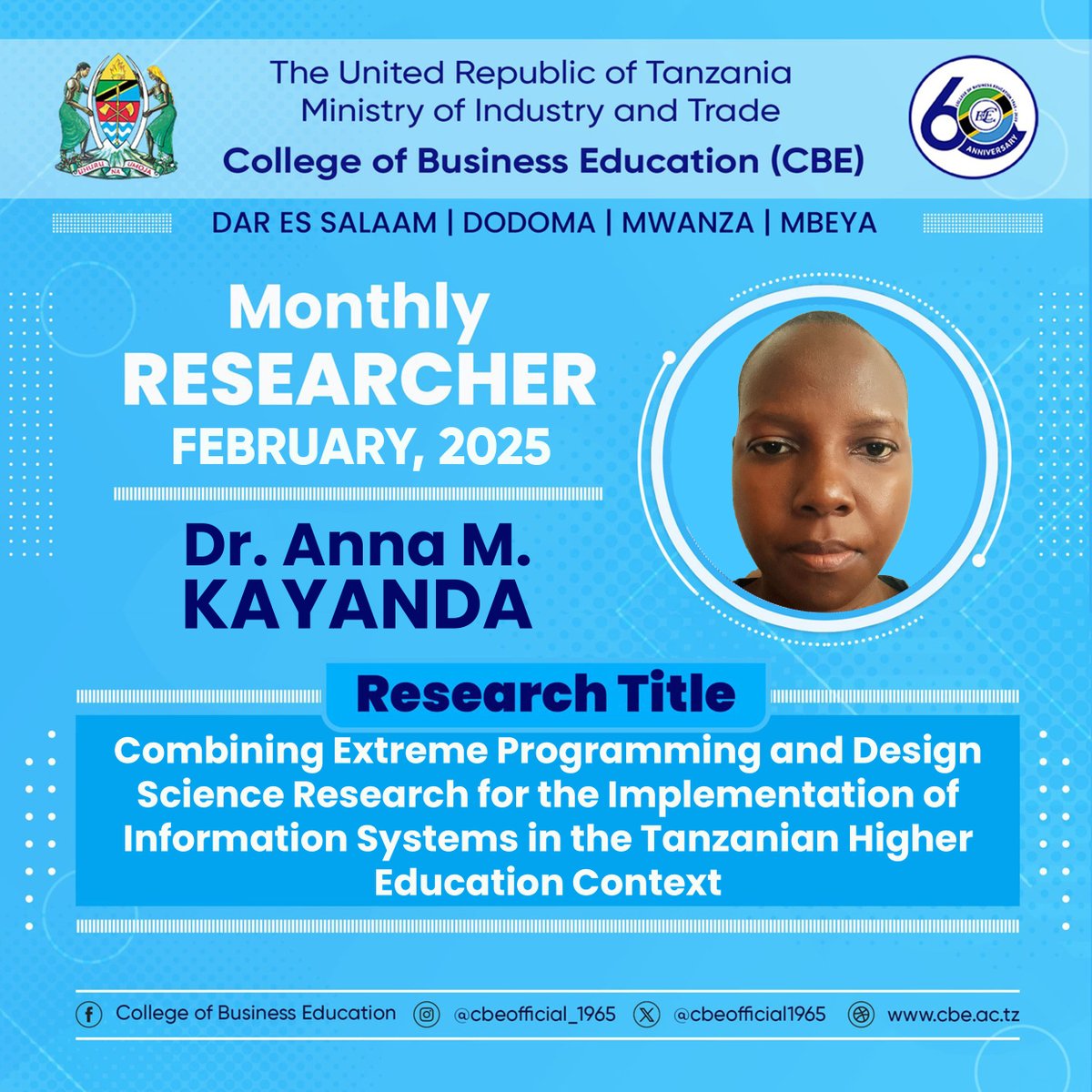 🌟 Researcher of the Month: February 2025 – Dr. Anna Kayanda 🌟 

Research Title:
Combining Extreme Programming and Design Science Research for the Implementation of Information Systems in the Tanzanian Higher Education Context

#ResearchOfTheMonth #ICT4D #ExtremeProgramming