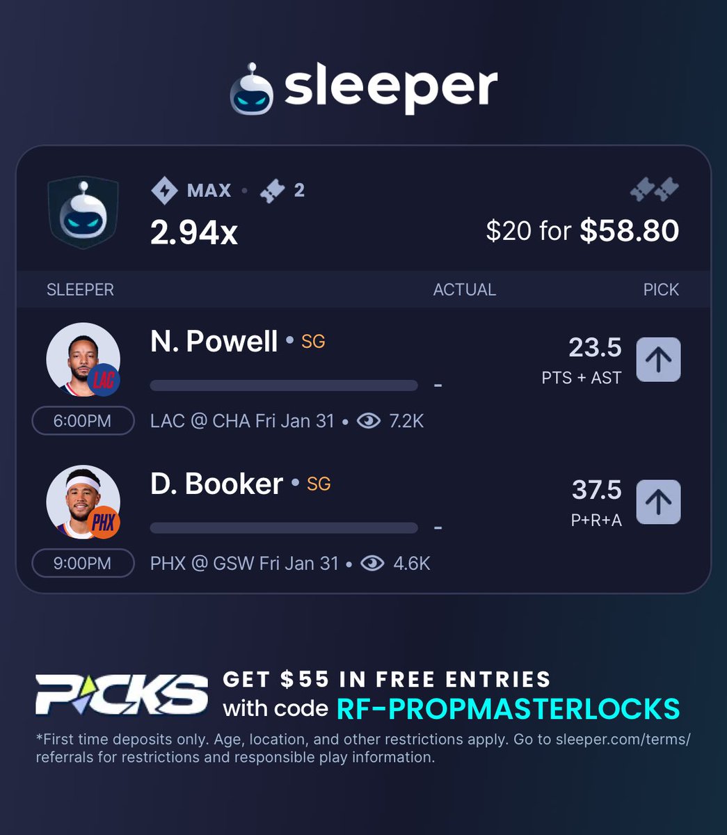 propmasterlocks's tweet photo. 🏀Tonight’s 🔒 #NBA #Props
🔺 Norman Powell
Over 23.5 PA
🔺 Devin Booker
Over 37.5 PRA
🔥 Let’s ride these props and cash big! 💰💯 Comment your locks below! ⬇️ ⬇️
#NBAOvers #PlayerProps #PropMasterLocks #gamblingX #SleeperPicks https://t.co/ta5jvz5SyJ