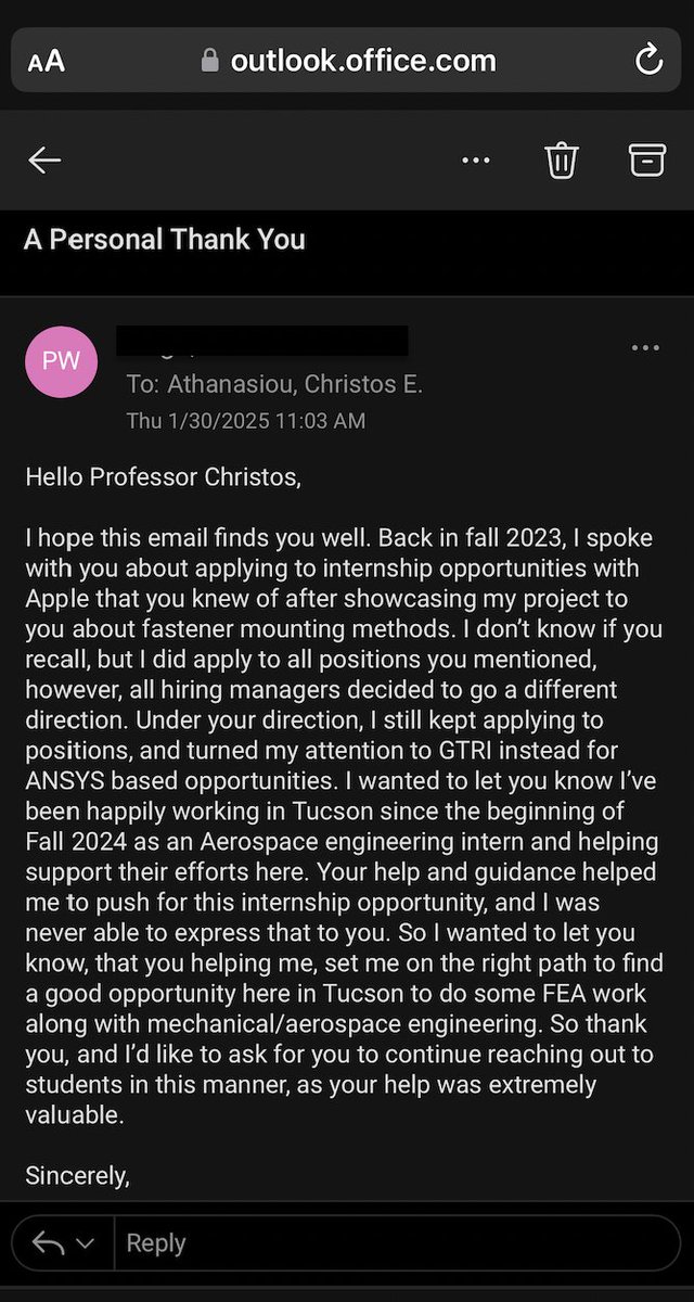 from my experimental mechanics class to an FEA engineering internship—emails like this remind me exactly what is REAL #academic impact. Watching students find their path is the greatest reward. #ThisIsImpact #EngineeringEducation <a href="/GTaerospace/">GTaerospace</a>