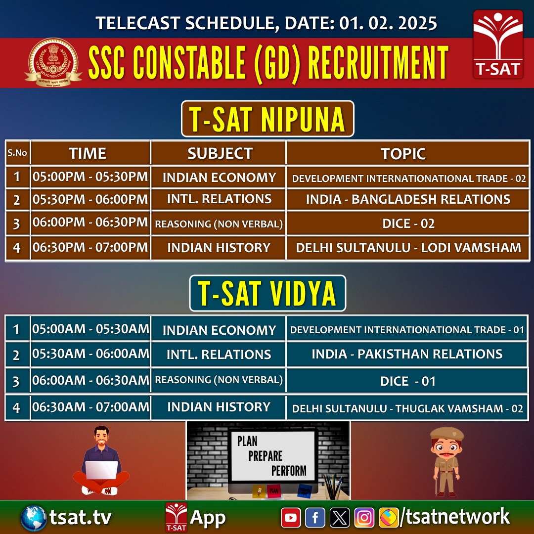 TSATnetwork's tweet photo. Telecast schedule for the SSC Constable (GD) Recruitment | Febraury 01, 2025  

 #SSCConstable #Recruitment #ExamPreparation #TSAT #Education #CareerGoals #TelecastSchedule #GeneralKnowledge #Reasoning #QuantitativeAptitude https://t.co/d7Is9TdNtK