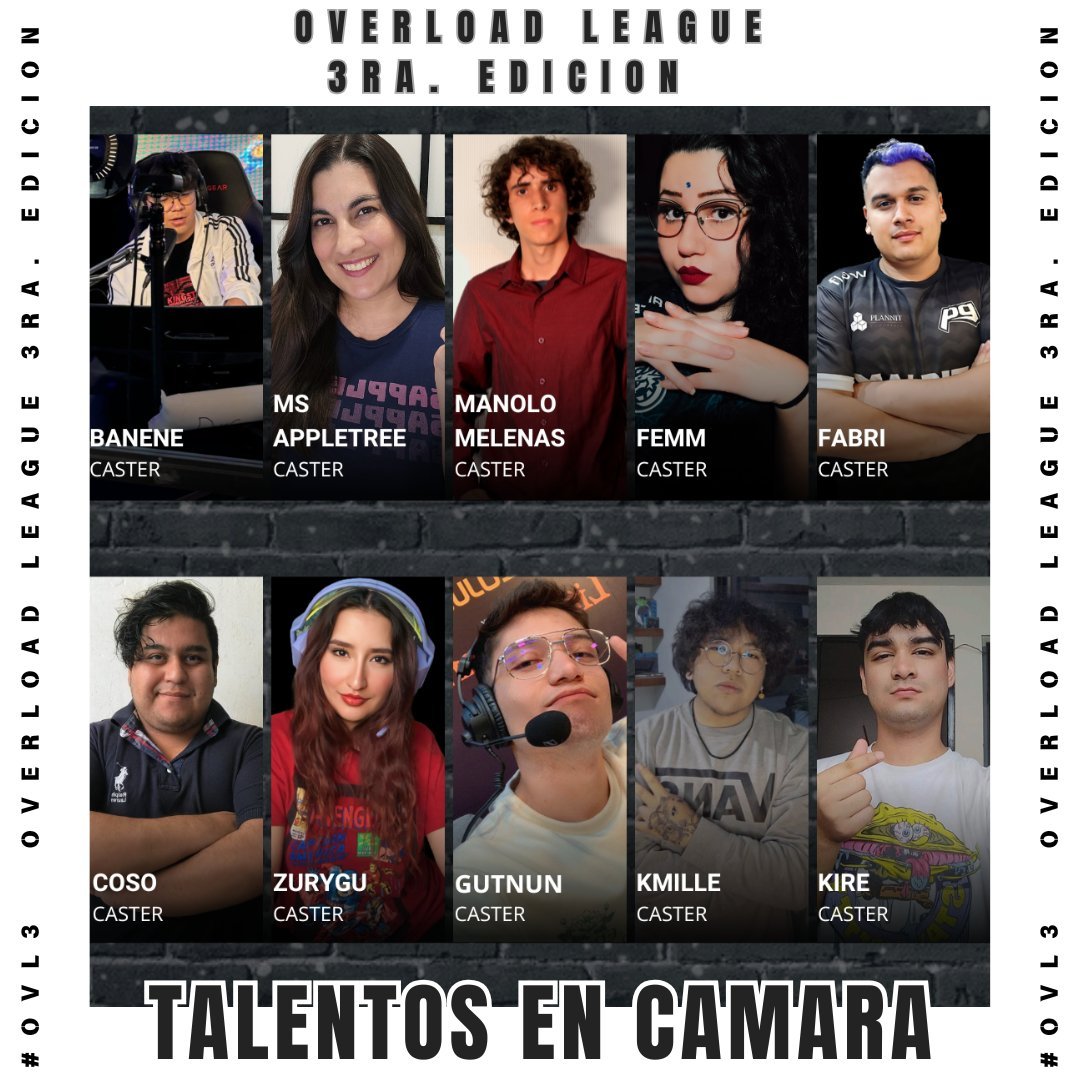 Presentamos al talento en camara que le dara lvida con sus voces a esta tercer edicion de la #Overload_League:
Banene
<a href="/MsAppletreeTV/">MsAppletree 🍎 Caster/Host 🎙 #VCTGameChangers</a> 
<a href="/Manolo_Melenas/">Manolo_Melenas</a> 
<a href="/FEMMgg_/">𝑭𝑬𝑴𝑴​​​​​ 🐍</a>  
<a href="/FabriPanozzo/">Fabri Panozzo</a> 
<a href="/Coso_001/">Coso_001</a> 
<a href="/zurygu_/">KNI Zury Gu</a> 
<a href="/GutNun/">GutNun</a>  
<a href="/Kmille_lol/">Koji Kmille</a> 
<a href="/KireSiks/">Kire</a>