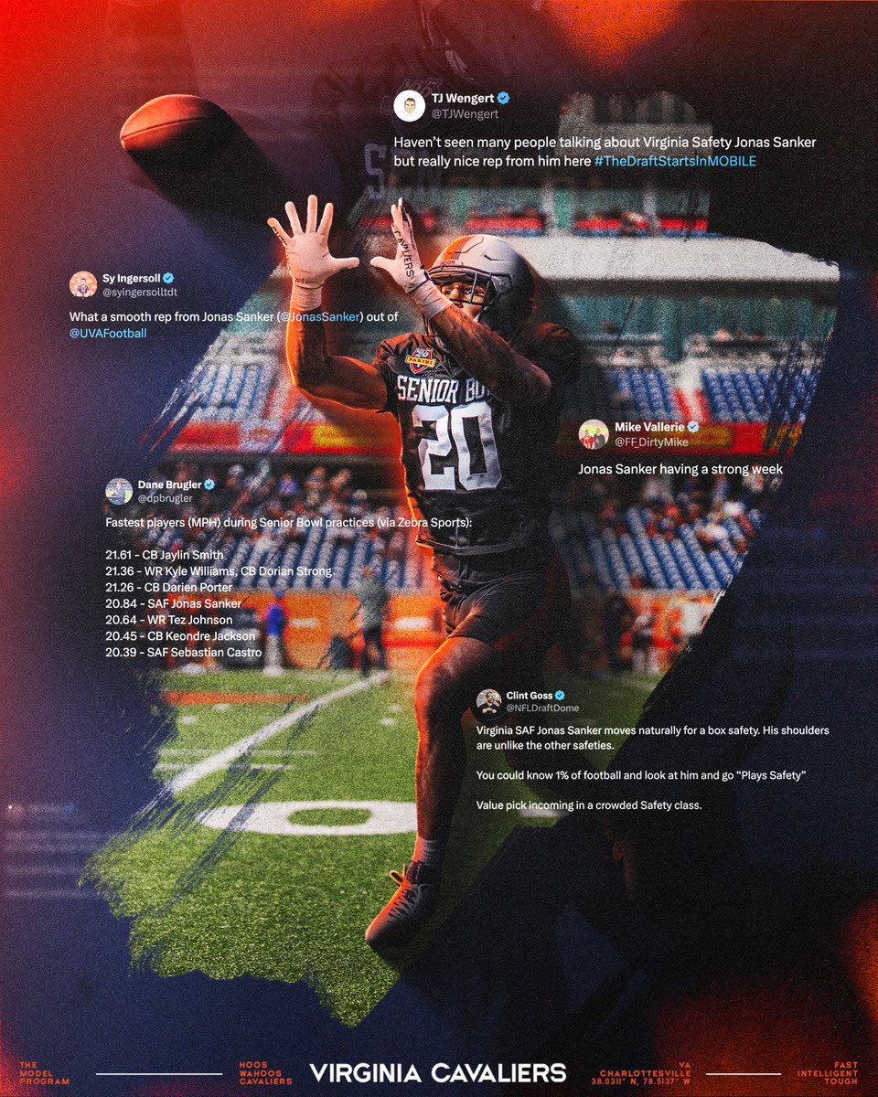Virginia Football (@uvafootball) on Twitter photo Charlottesville’s own making some noise 🔊📈
<a href="/JonasSanker/">Jonas Sanker</a> #TheDraftStartsInMOBILE
#UVAStrong | #GoHoos ⚔️ Charlottesville’s own making some noise 🔊📈
<a href="/JonasSanker/">Jonas Sanker</a> #TheDraftStartsInMOBILE
#UVAStrong | #GoHoos ⚔️
