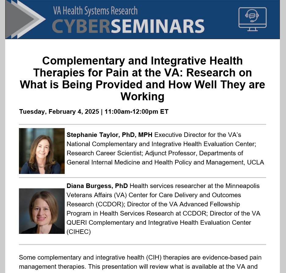 NIH-DoD-VA Pain Management Collaboratory (@painmc3) on Twitter photo Please join us 02/04/25 @ 11am EST, as Drs. <a href="/stephltaylor88/">Stephanie L. Taylor</a> and Diana Burgess
present <a href="/vahsrd/">VA HSR</a> Cyber Seminar. <a href="/VAResearch/">VA Research</a> <a href="/NIH_NCCIH/">NIH NCCIH</a> <a href="/umnclhss/">Center for Learning Health System Sciences - UMN</a> <a href="/umn_dom/">UMN Medicine</a>
<a href="/UMNews/">University of Minnesota</a> #varesearch #pain #painresearch #veteran
Register Here: hsrd.research.va.gov/cyberseminars/ Please join us 02/04/25 @ 11am EST, as Drs. <a href="/stephltaylor88/">Stephanie L. Taylor</a> and Diana Burgess
present <a href="/vahsrd/">VA HSR</a> Cyber Seminar. <a href="/VAResearch/">VA Research</a> <a href="/NIH_NCCIH/">NIH NCCIH</a> <a href="/umnclhss/">Center for Learning Health System Sciences - UMN</a> <a href="/umn_dom/">UMN Medicine</a>
<a href="/UMNews/">University of Minnesota</a> #varesearch #pain #painresearch #veteran
Register Here: hsrd.research.va.gov/cyberseminars/