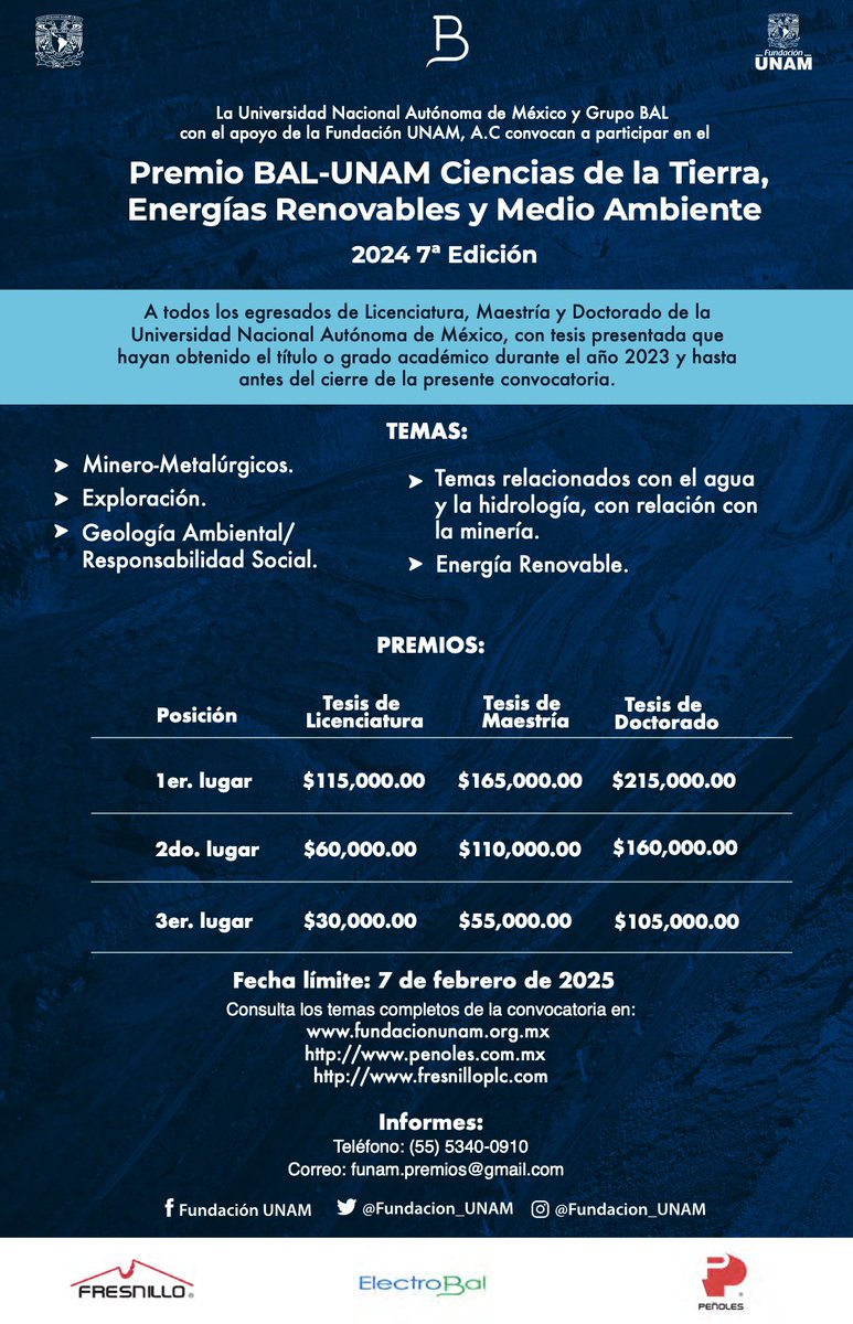 🏆🌎🍃 Últimos días de inscripción para participar en el “Premio BAL-UNAM Ciencias de la Tierra, #EnergíasRenovables y Medio Ambiente 2024 7ª Edición”.

📅 La fecha límite de inscripción es el 7 de febrero de 2025.

👉Registro: fundacionunam.mx/.../ciencias_d…