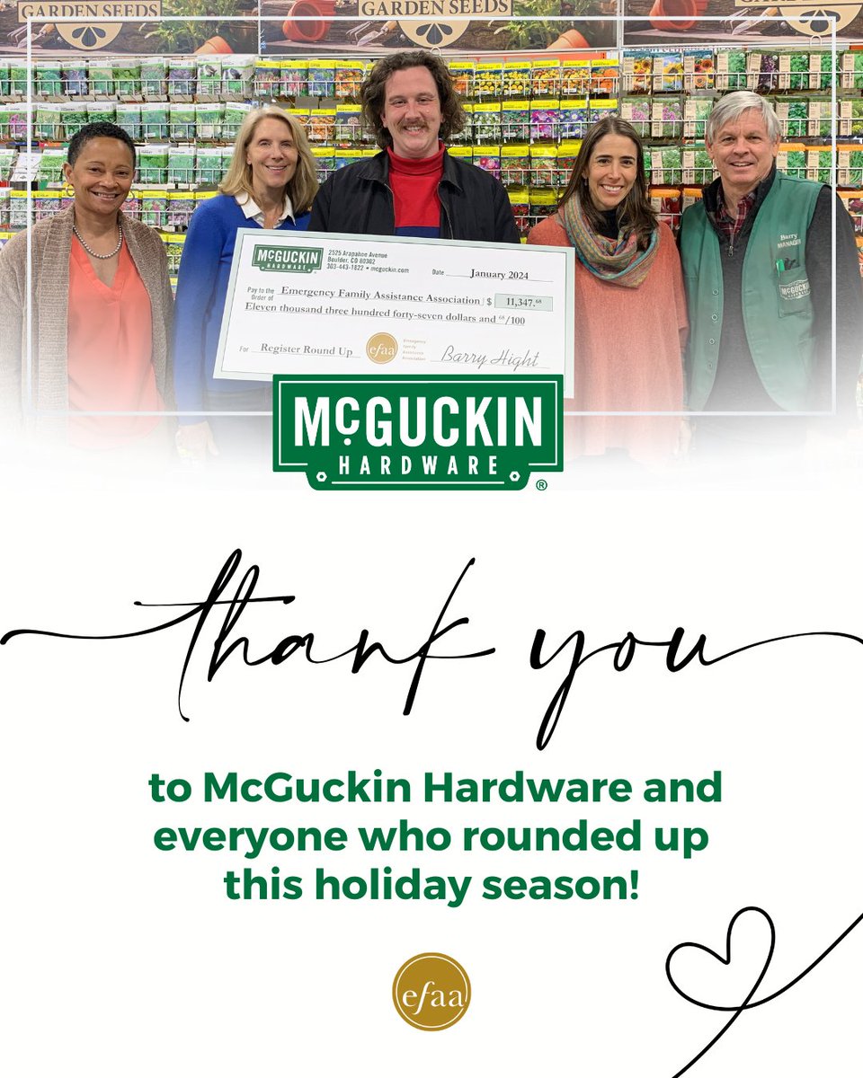 You rounded up your change this holiday season – and it’s going to help us make change in our community. Thank you to <a href="/McGuckins/">McGuckin Hardware</a> and everyone who invested more than $11,000 in our work to help families meet their basic. needs and thrive. Your generosity makes a huge difference!💛