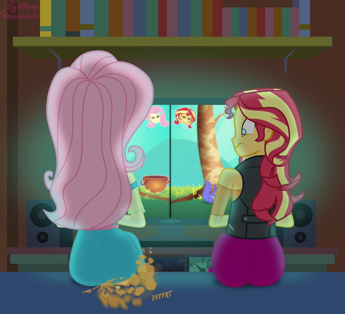 LMusicwave's tweet photo. Gaming Night (#fart)
During a gaming session with #SunsetShimmer, #Fluttershy from #EquestriaGirls  felt a pressure in her guts so she decided to break some winds. But she forgot she wasn't alone https://t.co/G4CQAM8cCu