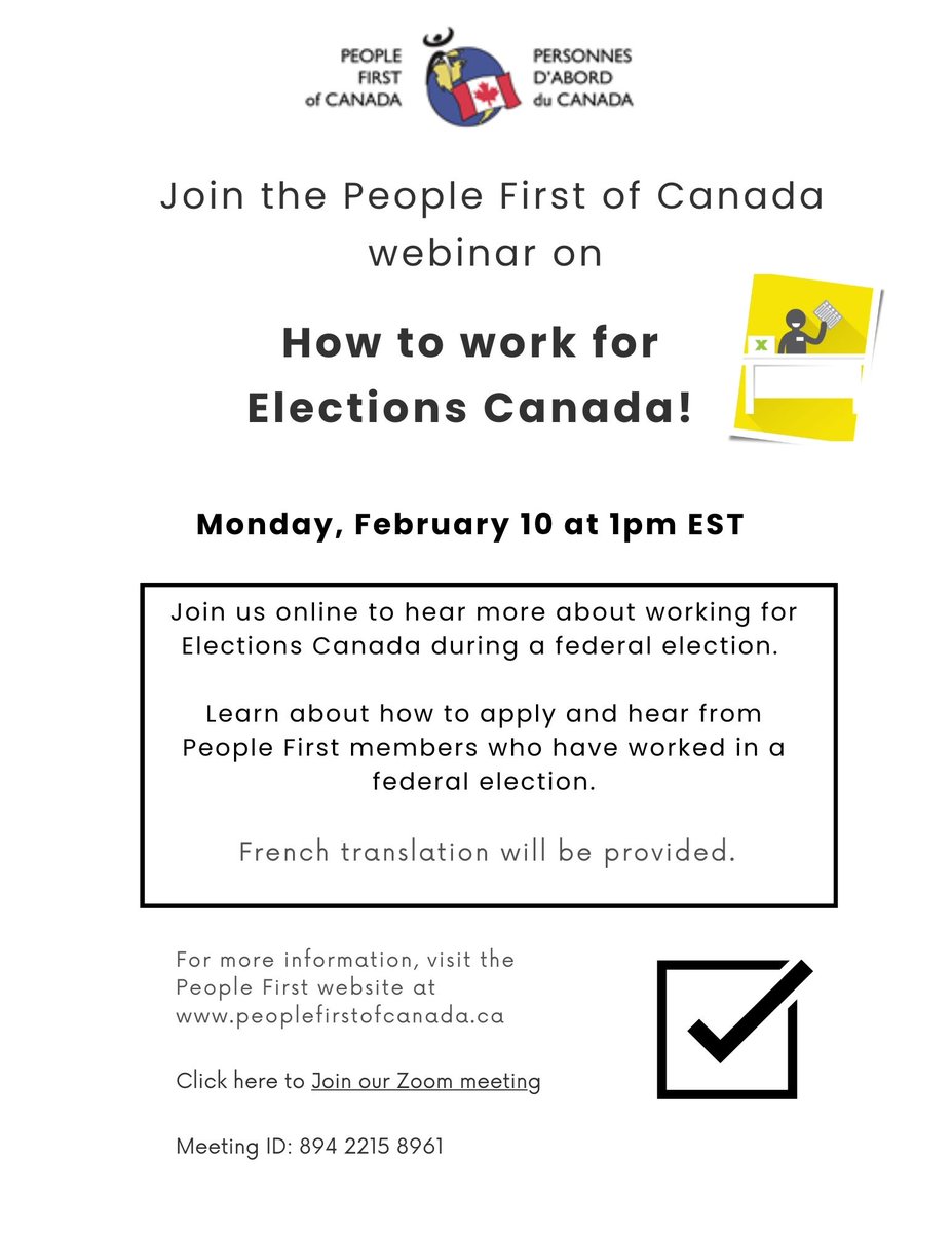 PFC is hosting a webinar on February 10, 2025, at 1pm EST. It is about working for Elections Canada during a federal election.
Learn about how to apply and hear from PF members who have worked in a federal election.
Anyone can attend - French translation will be provided.