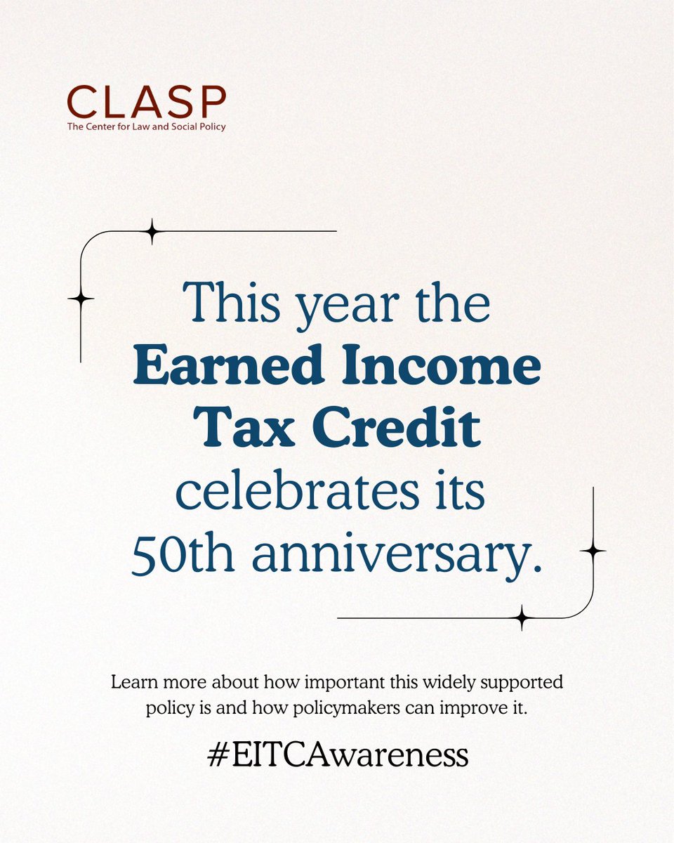 CLASP_DC's tweet image. This year marks the 50th anniversary of one of the most effective poverty reduction programs in U.S. history. Learn more about how important the Earned Income Tax Credit is for working Americans, &amp;amp; what policymakers could do to make this benefit even better. 
#EITCAwareness