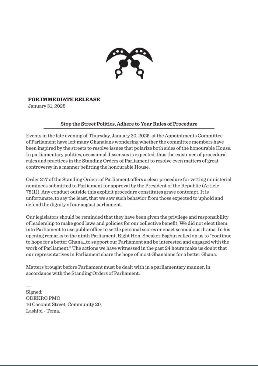 odekro's tweet image. 📝 Order 217 of the standing orders of Parliament offers a clear procedure for vetting Presidential nominees for appointment; any conduct outside the orders is contempt of #GhParliament
What we witnessed Thursday night at Appointments C'ttee is unfortunate & must be condemned.