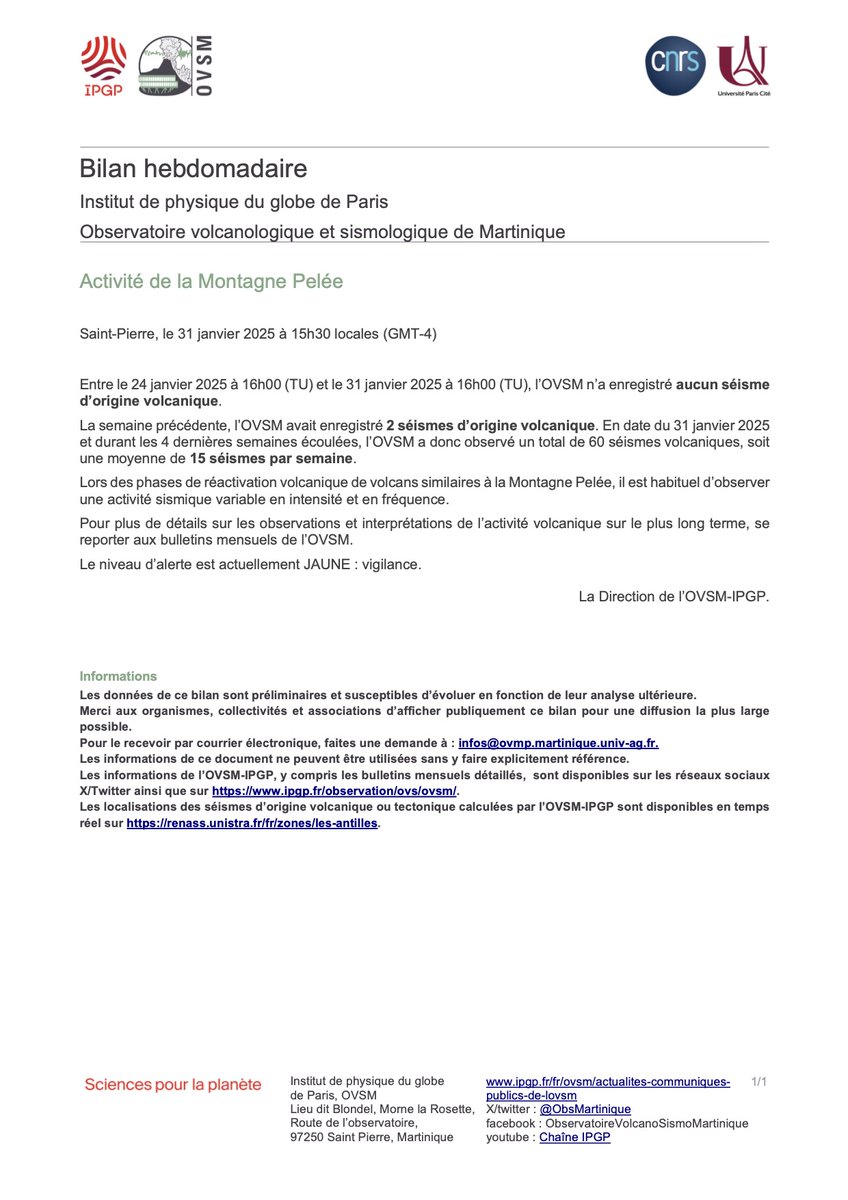 Le bilan hebdomadaire de l’activité de la Montagne Pelée pour la période du 24 au 31 janvier 2025 est disponible. Retrouvez les bilans précédents sur le site de l'OVSM-IPGP: ipgp.fr/fr/ovsm/bilans