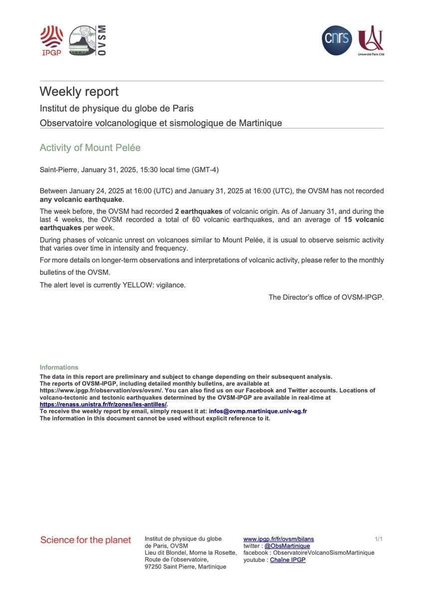 The weekly report of the activity of Mount Pelée for the period January 24 to 31, 2025 is available. Find all the preceding reports on the OVSM-IPGP webpage: ipgp.fr/fr/ovsm/bilans