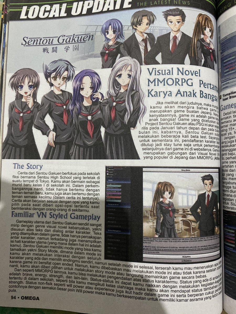 Mimin iseng bongkar arsip majalah-majalah lokal dikoleksi lemari. Nggak nyangka ketemu game kayak gini. 

Sentou Gakuen. Sebuah game visual novel MMORPG pertama karya anak bangsa! 

Tag <a href="/SEAGamethetic/">South East Asia Game Aesthetic</a> barang kali tertarik buat menelusuri 🧐

#gaming #direktorigim