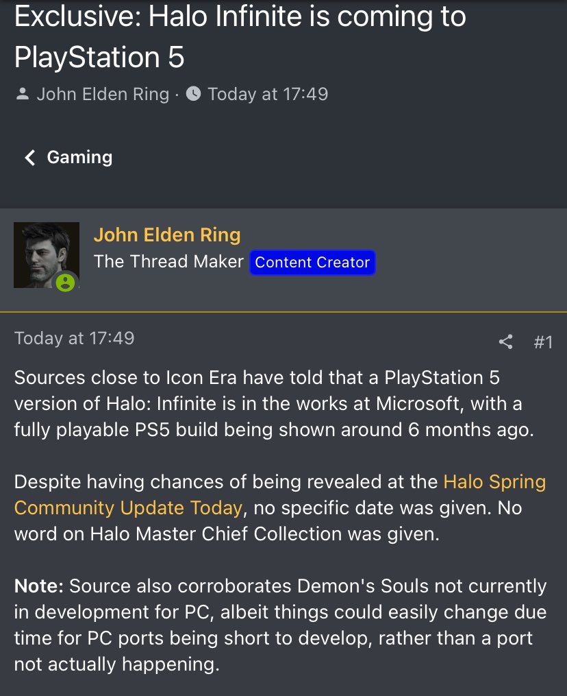 Mr_Rebs_'s tweet photo. Oh boy here we go. Halo Infinite is rumored to be coming to PlayStation 5. According to the rumor, it’s in the works at Microsoft and a fully playable build was shown around 6 months ago. #HaloInfinite #Xbox #PlayStation5 https://t.co/NK1214qh9i