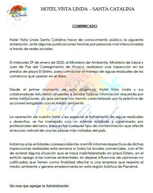 Comunicado del Hotel Vista  Linda de Santa Catalina.