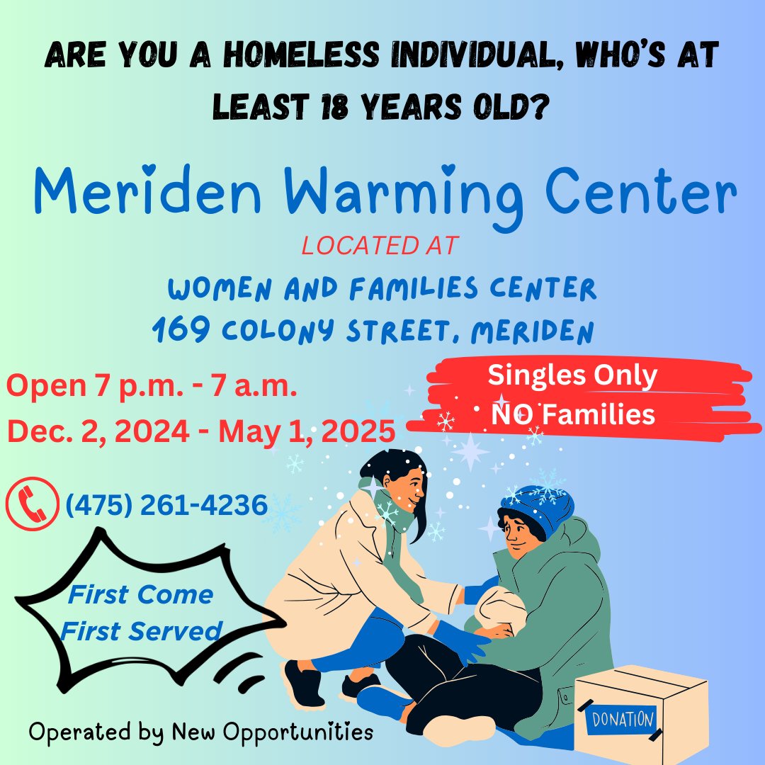 Get out of the cold here in #Meriden. Individuals ages 18+ only. No families. Thank you