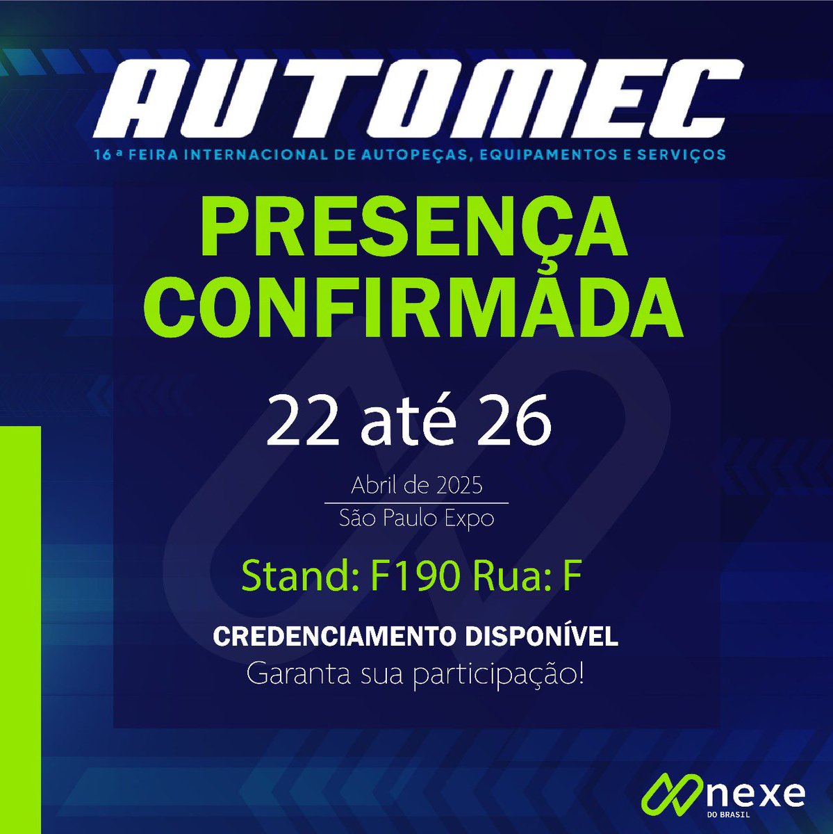 nexedobrasil's tweet image. Estamos confirmados na Automec 2025! 

Venha visitar nosso estande e conferir de perto nossas soluções inovadoras para o setor automotivo. e prepare-se para grandes novidades!

Nos vemos lá! #Automec2025 #NexedoBrasil #InovaçãoAutomotiva #NexeNaAutomec