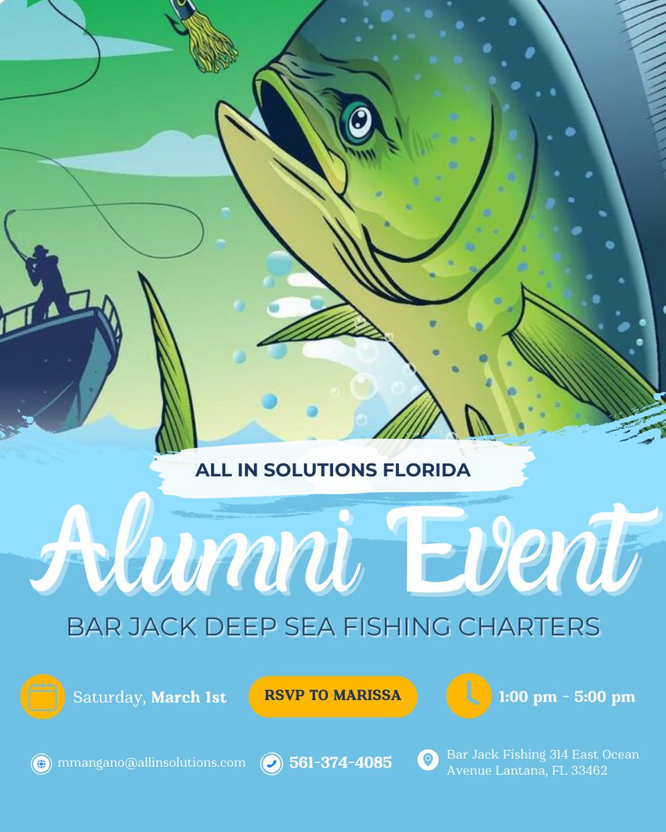 🎣 Calling All Florida All In Solutions Alumni! 🎣

🎟 Spots are limited to 40
RSVP ASAP to secure yours! We can't wait to see you there! 🐟✨