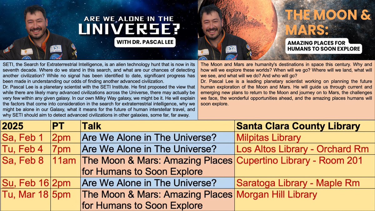 ARE WE ALONE IN THE UNIVERSE?
+
THE MOON &amp; MARS: AMAZING PLACES FOR HUMANS TO SOON EXPLORE

Going on Tour across Santa Clara County starting Sat, Feb 1 to give these FREE public library talks! t.ly/bs0IS

<a href="/sccld/">SCCLD</a>
<a href="/setiinstitute/">The SETI Institute</a> <a href="/marsinstitute/">Mars Institute</a> <a href="/nasaames/">NASA Ames</a> <a href="/KeplerUni/">KeplerSpaceUniversity</a> <a href="/nss/">National Space Society</a>