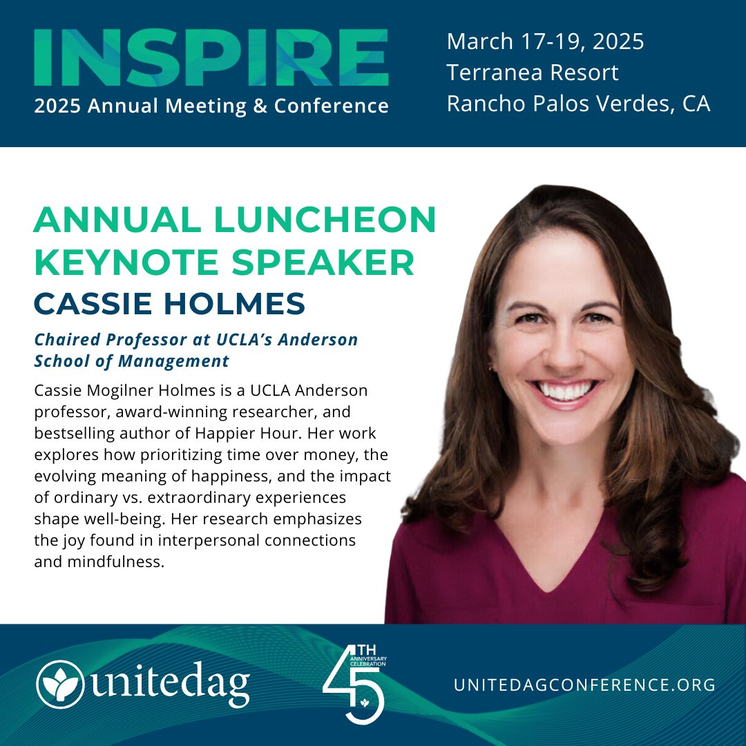 Announcing our Luncheon Keynote Cassie Holmes, bestselling author of Happier Hour. She shares her amazing research on time, happiness, &amp; more. Early bird pricing for the UnitedAg Inspire Conference ends TODAY, 1/31!  Register now: unitedag.org #Leadership  #HappierHour