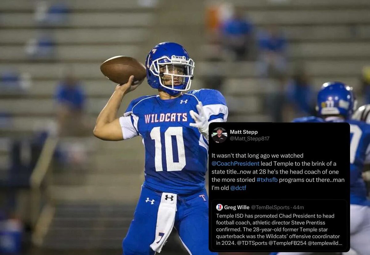Dave Campbell's Texas Football — TexasFootball.com (@dctf) on Twitter photo One of #TXHSFB's most storied programs has turned to an alum as its next head coach, per <a href="/TemBelSports/">Greg Wille</a>.
<a href="/CoachPresident/">Chad President</a> <a href="/templewildcats/">Temple Wildcats</a> #Dctf | 📸: Michael Miller/Telegram Lubbock Avalanche Journal
More from <a href="/Matt_Stepp817/">Matt Stepp</a>:
texasfootball.com/article/2025/0… One of #TXHSFB's most storied programs has turned to an alum as its next head coach, per <a href="/TemBelSports/">Greg Wille</a>.
<a href="/CoachPresident/">Chad President</a> <a href="/templewildcats/">Temple Wildcats</a> #Dctf | 📸: Michael Miller/Telegram Lubbock Avalanche Journal
More from <a href="/Matt_Stepp817/">Matt Stepp</a>:
texasfootball.com/article/2025/0…