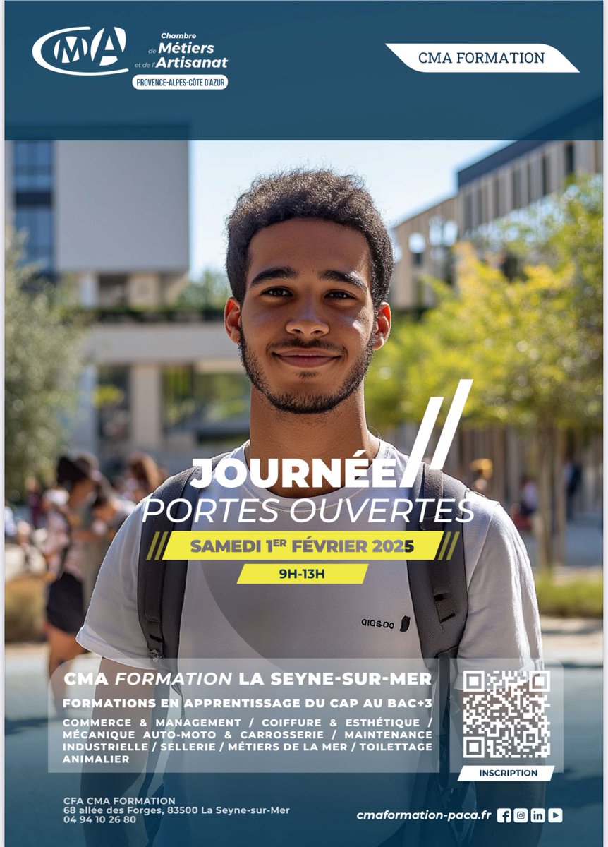 [Événement]
CMA Formation La Seyne-sur-Mer organise une #JournéePortesOuvertes le samedi 1er février de 9h à 13h. 
Pour vous inscrire c’est ici 👉 my.weezevent.com/jpo-33