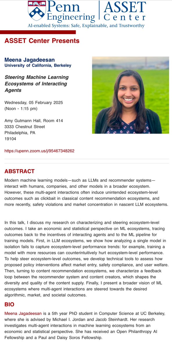 Center for Safe, Explainable, and Trustworthy AI (@pennasset) on Twitter photo ASSET Center welcomes <a href="/mjagadeesan25/">Meena Jagadeesan</a> on Wednesday, February 5th! Can’t wait to hear more about steering machine learning ecosystems! ASSET Center welcomes <a href="/mjagadeesan25/">Meena Jagadeesan</a> on Wednesday, February 5th! Can’t wait to hear more about steering machine learning ecosystems!