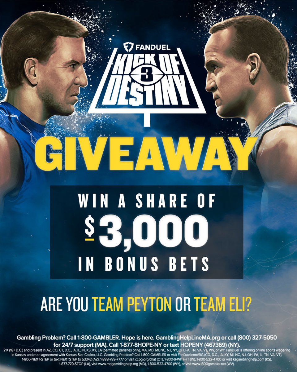 We want to hear your pick for #KOD3

So let's give away some bonus bets! Ten winners will receive $200, and ONE will win $1,000 in bonus bets 💰

To enter:
1️⃣ Repost &amp; Follow <a href="/FDSportsbook/">FanDuel Sportsbook</a>
2️⃣ Reply with #TeamPeyton or #TeamEli

Contest ends 2/7
Rules: linktr.ee/FanDuel