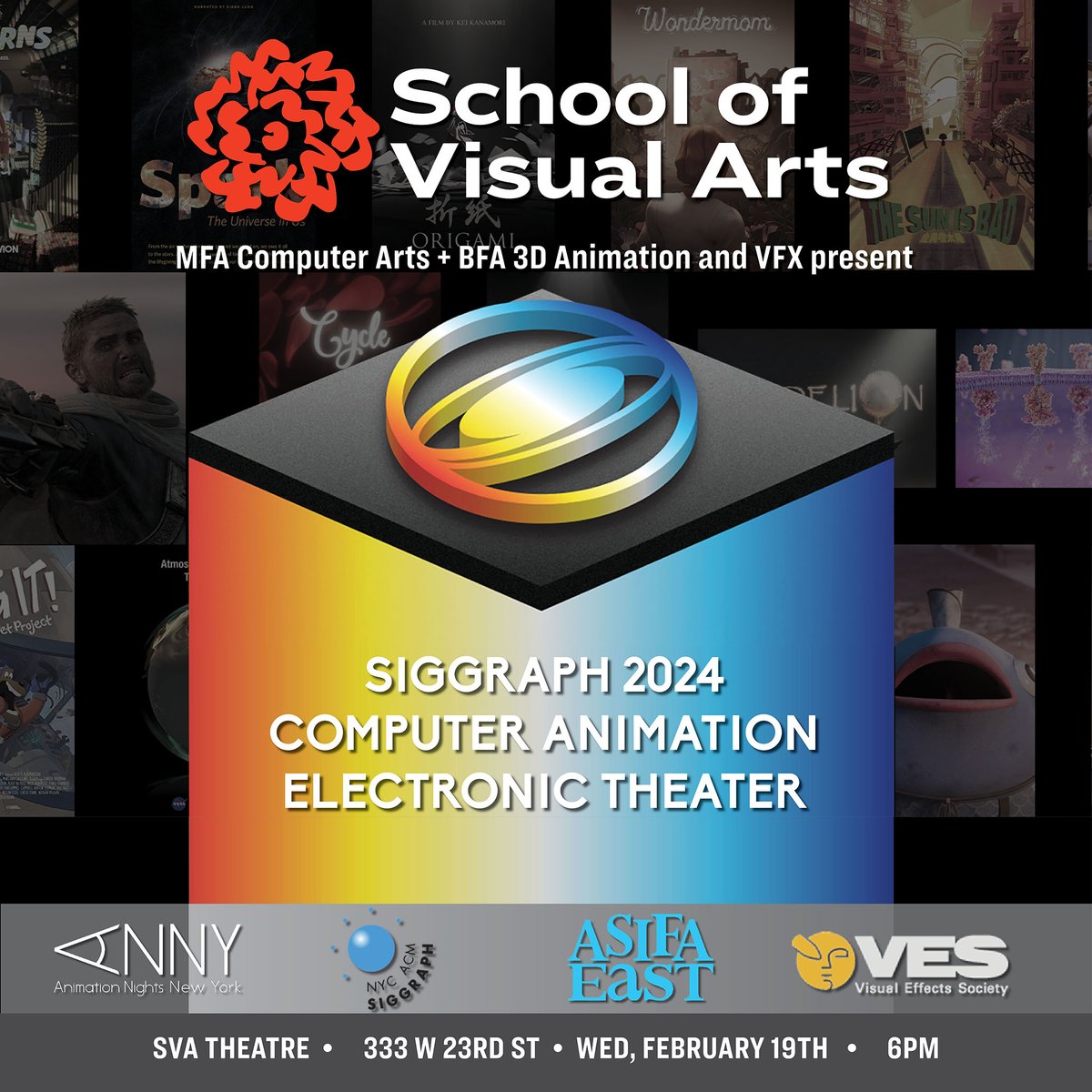 Presentation and screening of the SIGGRAPH 2024 Computer Animation Electronic Theater at the SVA Theatre!

333 W 23rd Street, @ 6pm on Wed, Feb, 19th

Free and open to the public!