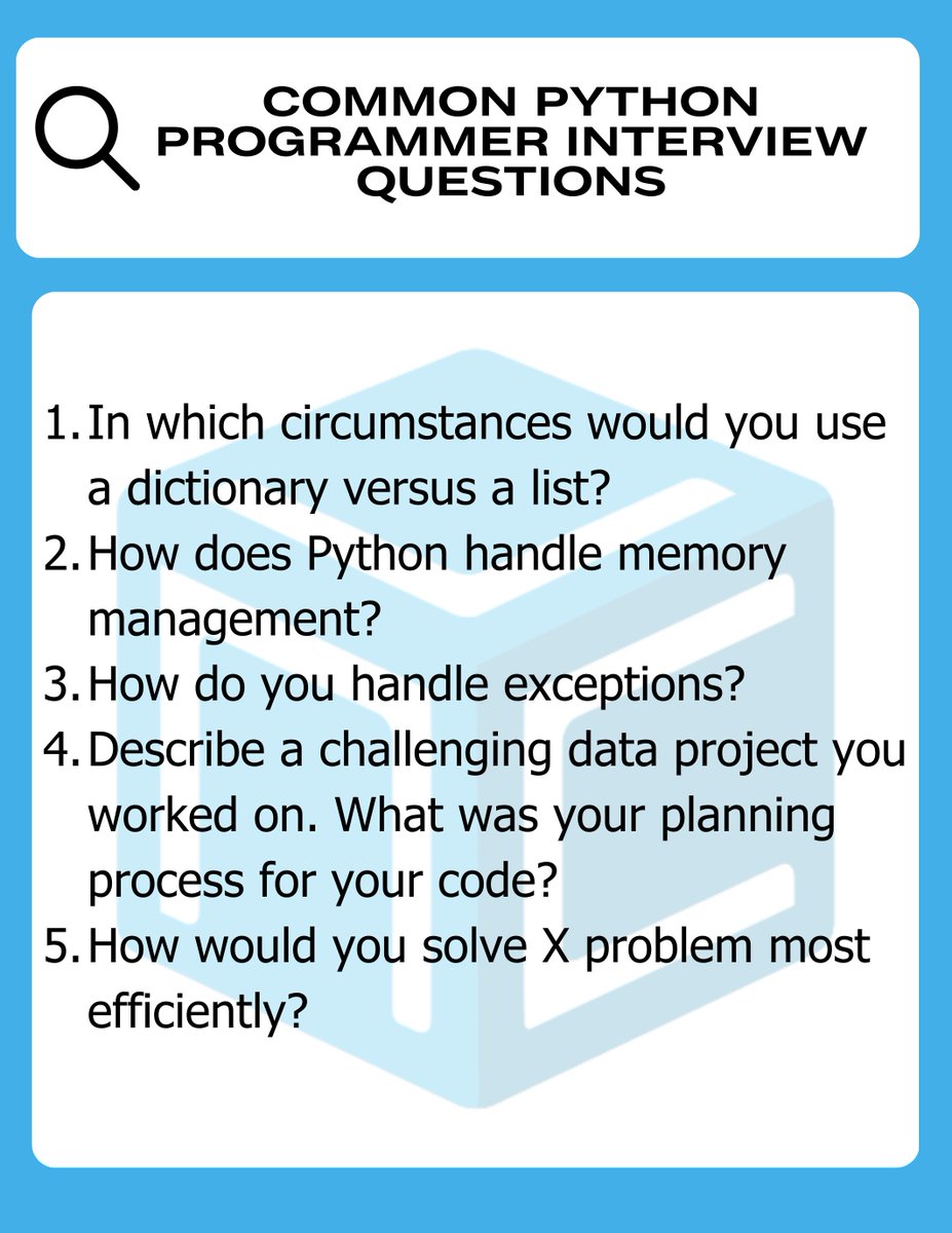 NCLabEdTech's tweet image. 🚀 Ace Your Python Programming Interview with These Must-Know Questions! 🚀
Prepare yourself with essential questions that could make all the difference:
When should you choose a dictionary over a list?
How does Python handle memory management?
#Python #InterviewPreparation
