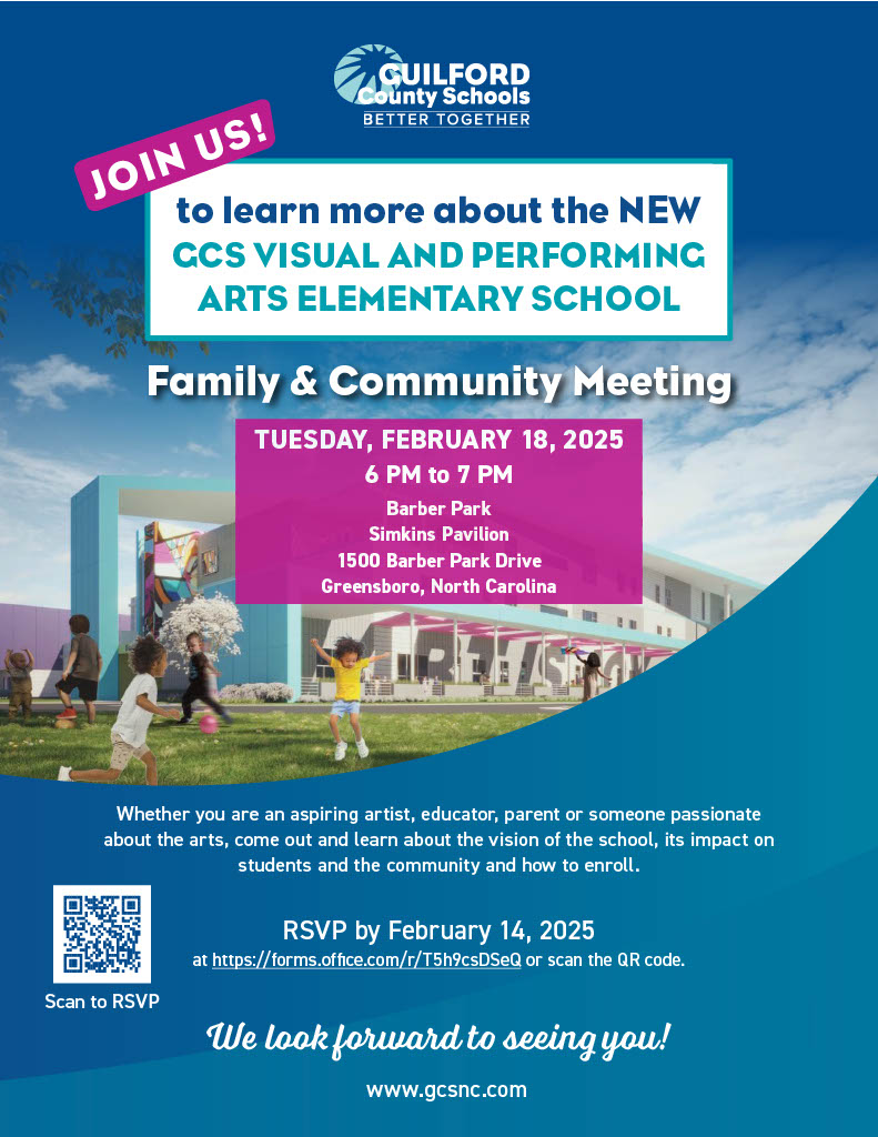 Guilford Co. Schools (@gcschoolsnc) on Twitter photo #GCSGoalGetters | Interested in the new Visual and Performing Arts elementary school opening in GCS? You can learn more at an upcoming family and community meeting on Feb. 18! ππ
RSVP here by Feb. 14: ow.ly/q6jZ50URqqa #GCSGoalGetters | Interested in the new Visual and Performing Arts elementary school opening in GCS? You can learn more at an upcoming family and community meeting on Feb. 18! ππ
RSVP here by Feb. 14: ow.ly/q6jZ50URqqa