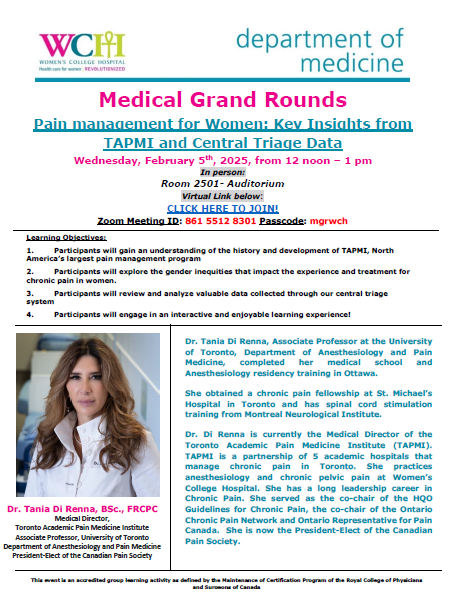 Please join us for MGR with Dr. Tania Di Renna on Wednesday, February 5 at 12 noon on "Pain Management for Women: Key Insights from TAPMI and Central Triage Data"! <a href="/TAPMIpain/">TAPMIpain</a>