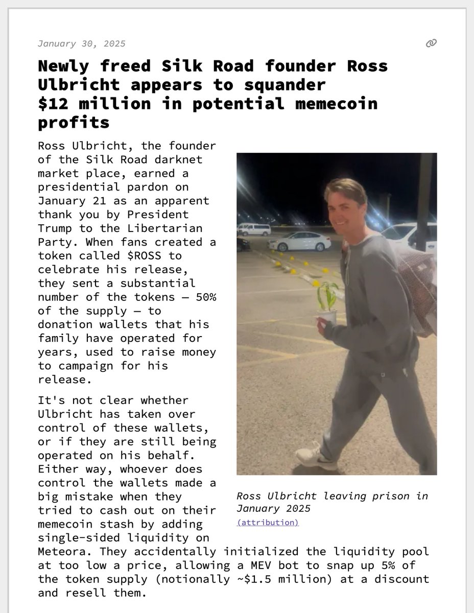 Newly freed Silk Road founder Ross Ulbricht appears to squander $12 million  in potential memecoin profits January 30, 2025