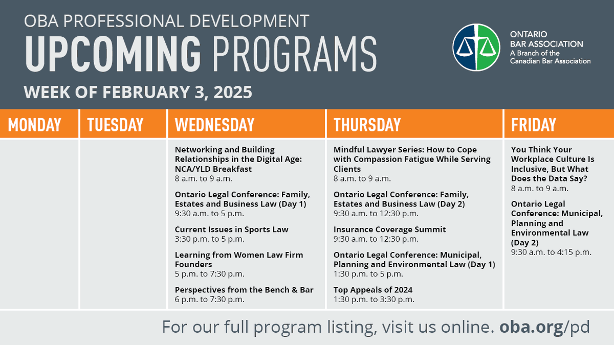 We have a great Ontario Legal Conference lineup coming up this week, including Family, Estates and Business law, as well as Municipal, Planning and Environmental. And don't miss the other associated programs and networking events. Visit oba.org/olc to register.