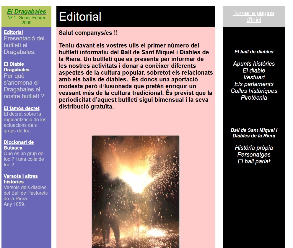 Coordinant el projecte hi havia el <a href="/riusjordi/">Jordi Rius i Mercade</a>, que també gestionava la primera web de la colla i de la revista, un fet que permetia arribar lluny i establir contactes, col·laboracions etc. fora de la Riera; i el <a href="/pauplanapares/">Pau Plana i Parés</a>, que s'encarregava de la versió de paper.
