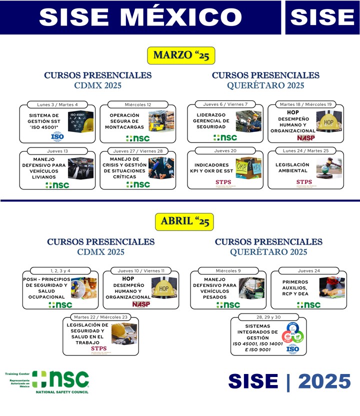 SISEMEXICO's tweet photo. Inscríbete y acelera tu desarrollo profesional; ¡NO TE LOS PIERDAS!... Programa de Trabajo, Talleres Presenciales MARZO - ABRIL 2025. #SISEMEXICO #NSC #NASP #STPS #Cursos2025 #Safety #ISO #HOPTraining #Capacitacion #Normas #Leyes #CDMX #Liderazgo #Queretaro #POSH #SSOMA #SSO https://t.co/WZyRcZeqV6