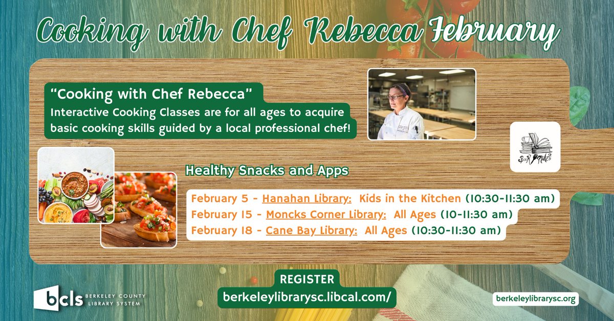 bcls's tweet photo. Seats fill up fast for Kids in the Kitchen classes (ages 3+ with parental supervision)!  The next class will be at Hanahan Library on Wed., February 5 from 10:30 - 11:30 am.  Chef Rebecca will prepare Healthy Snacks and Apps!  Please register today at https://t.co/CHCN3EiAlV https://t.co/xKwFqSfdZS