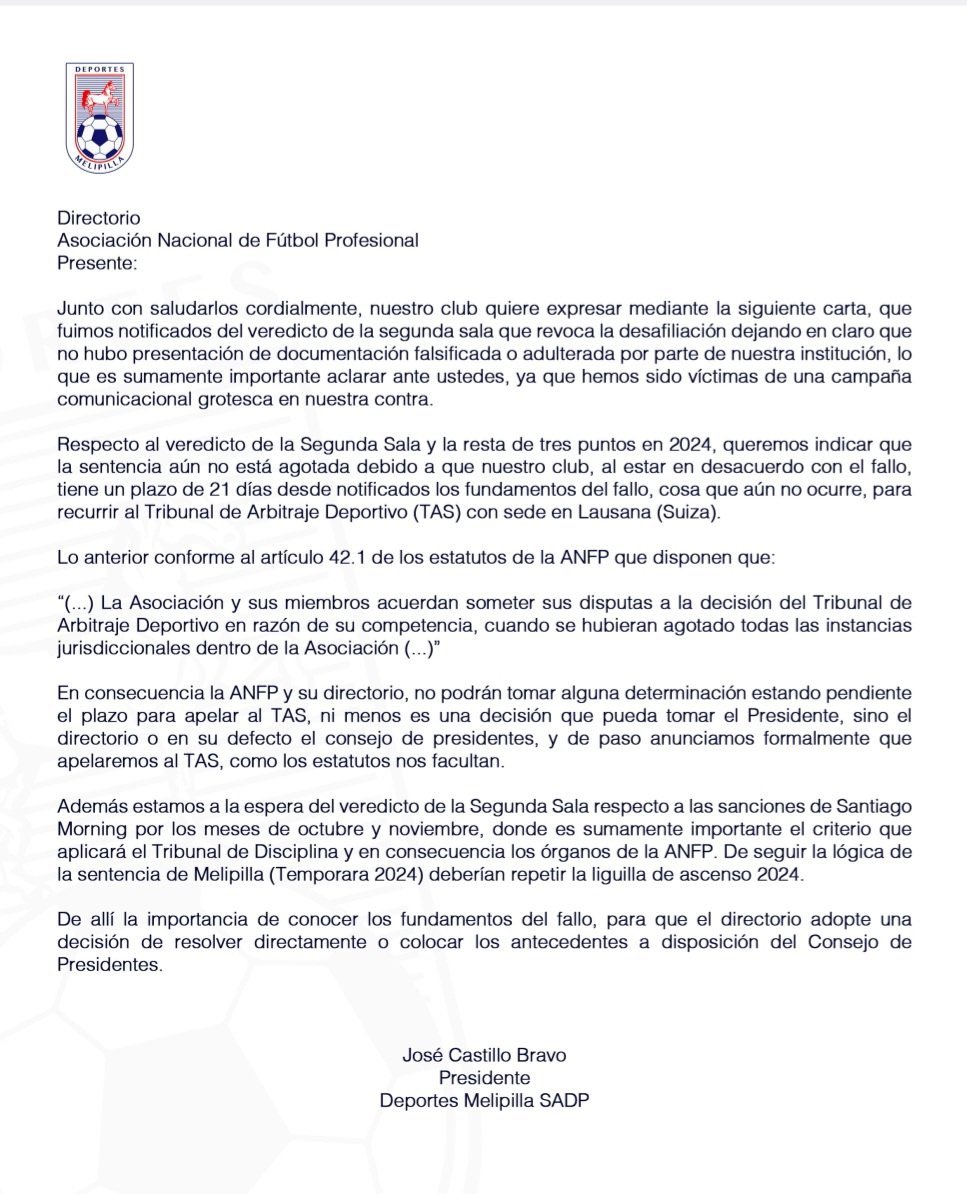 claudioeherrera's tweet photo. Interpreto  por el tenor de la carta de que melipilla es dueño del futbol chileno dando instrucciones por sobre el tribunal automo de disciplina, NO LO SABÍA,DEBEN TENER ALGUIEN DE ALTO RANGO QUE LOS PROTEGE, SR YUNGE? https://t.co/O3awZFXKFA