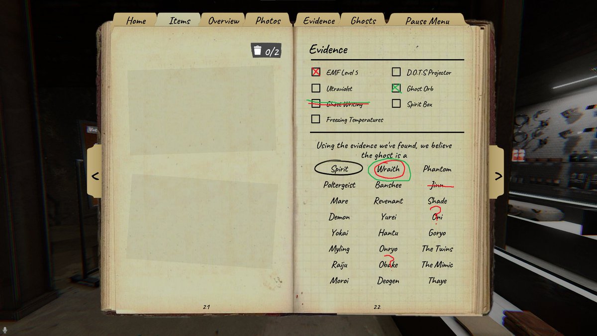 mellurxms's tweet photo. @PlayPhasmo I feel like in multiplayer you should be able to see what your party have ticked and ruled out like this. and also be able to add question marks as like "possible" to make the journal better. I posted this in the discord but it would cool to be considered! https://t.co/Aj917RuoZb