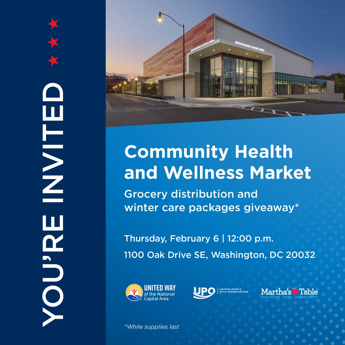 “Free Groceries, Winter Care Packages + Hot Food”

Come to the Entertainment &amp; Sports Arena
12 noon
Thurs. 2/6
Discover great resources + enjoy hot meals by UPO chefs!
Partners: <a href="/UWNCA/">United Way NCA</a>, <a href="/MarthasTableorg/">Martha's Table</a> &amp; <a href="/chctdc/">Congress Heights</a>

#UPOinDC #IamUPO #health <a href="/WeActRadio/">We Act Radio</a> <a href="/FreeinDCBlog/">Free in DC</a> <a href="/WashInformer/">Washington Informer</a>