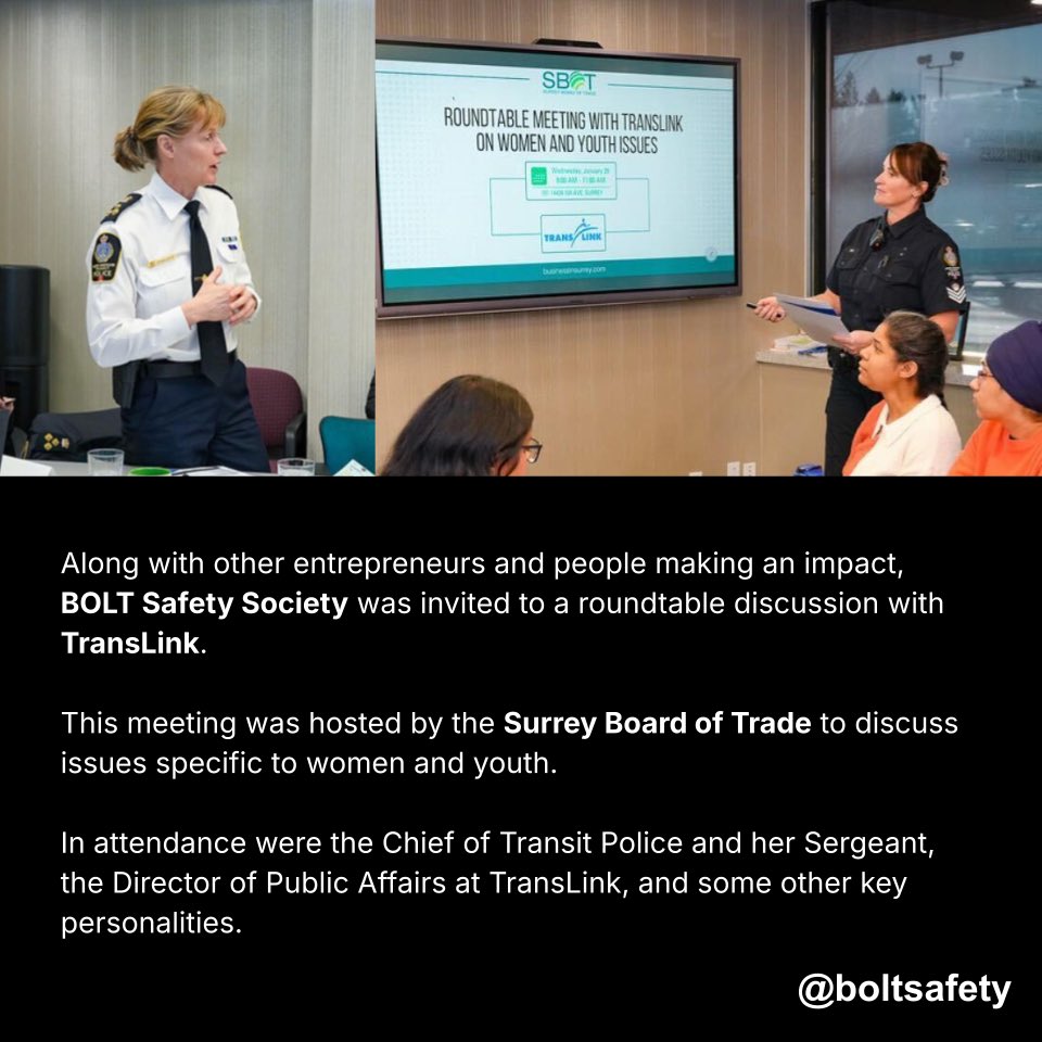 boltsafety's tweet photo. This week, our Safe Buddies Manager Chelsea was invited to a roundtable discussion with @TransitPolice @TransLink hosted by @SBofT. We shared our insights regarding issues of accessibility, affordability, and safety for women and youth. (1/3) https://t.co/lS6xTlsvcz