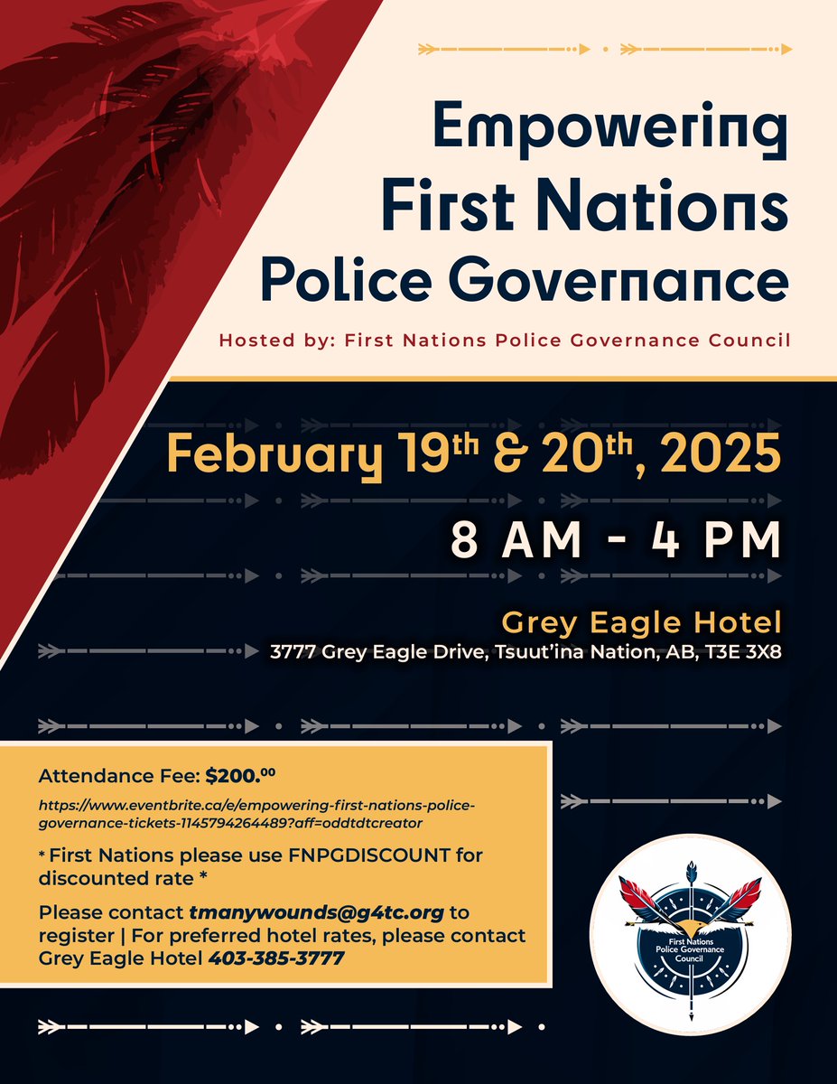 G4SNTTC's tweet photo. 🚨 Join us for Empowering First Nations Police Governance! 🚨

📅 Feb 19-20, 2025
📍 Grey Eagle Hotel, Tsuut’ina Nation, AB
💰 $200 (FN discount: FNPGDISCOUNT)
🔗 Register here: https://t.co/7emK9nIuKo
#G4 #FirstNations #PoliceGovernance #IndigenousLeadership https://t.co/qiE8oFUDGl