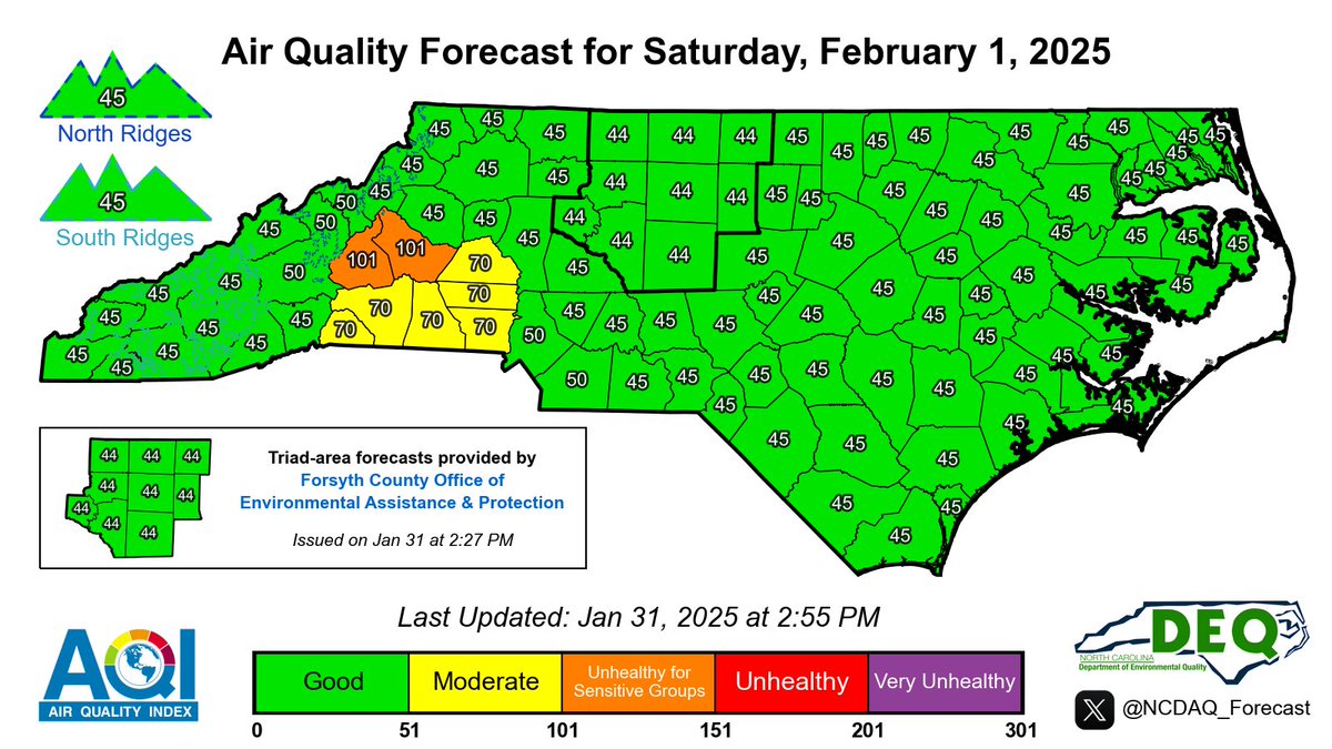 ALERT (1/31/2025-3:00PM): A Code Orange #AirQuality Alert for PM2.5 has been issued for Burke and McDowell Counties effective tomorrow - 2/1/2025 - due to smoke from local wildfires #ncwx #AQI

For our detailed discussion &amp; KML files: airquality.climate.ncsu.edu/discussion/?is…