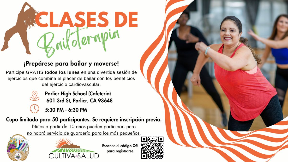 Cultiva La Salud (@cultivalasalud) on Twitter photo Acompáñenos ¡todos los lunes! en nuestra clase ¡gratuita! de #Bailoterapia. Esta actividad física combinada con el baile contribuye a una mejoría integral de su salud.
¿Qué espera? Es ¡gratis! y para usted.#CultivaLaSalud <a href="/ParlierUsd/">Parlier Unified School District</a> Acompáñenos ¡todos los lunes! en nuestra clase ¡gratuita! de #Bailoterapia. Esta actividad física combinada con el baile contribuye a una mejoría integral de su salud.
¿Qué espera? Es ¡gratis! y para usted.#CultivaLaSalud <a href="/ParlierUsd/">Parlier Unified School District</a>