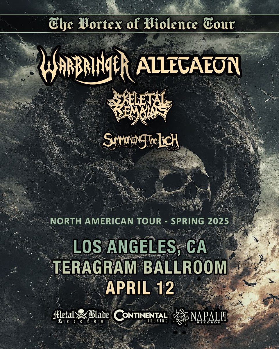 🤘 Thrash, death, and pure energy are coming to Teragram Ballroom! Warbringer + Allegaeon with Skeletal Remains and Summoning the Lich – April 12. Grab your tickets now! 🎶⚡ #HeavyMetal #TeragramBallroom #LiveMusic @warbringermusic @allegaeonofficial @skeletalremainsofficial