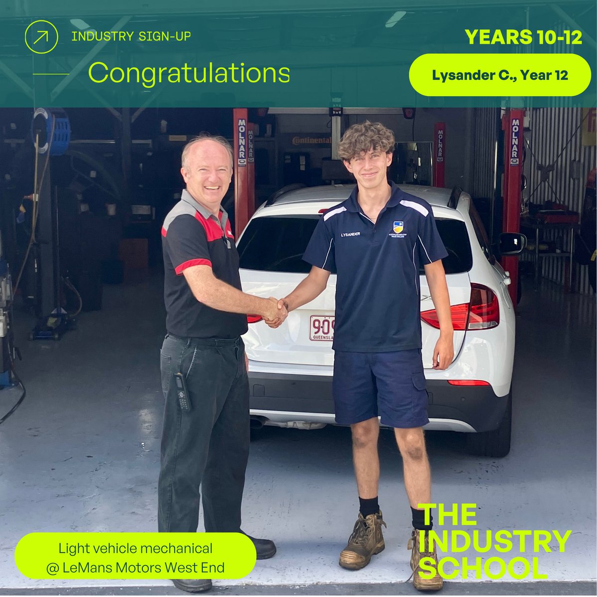 Congrats, Lysander! ✅ You've secured a school-based mechanic’s apprenticeship with LeMans Motors. Your attitude and eagerness to learn impressed everyone. You're on your way to graduating Year 12 with your QCE and a head start on your trade career!  #Apprenticeship