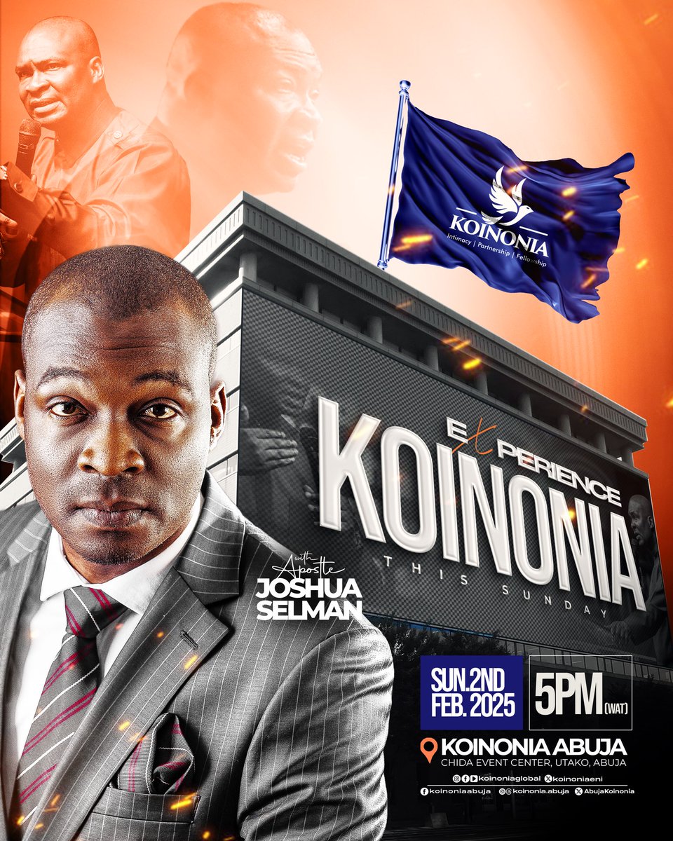 koinoniaeni's tweet photo. JOIN US FOR THE KOINONIA EXPERIENCE THIS SUNDAY: A LIFE-TRANSFORMING ENCOUNTER AWAITS YOU!

"Thy people shall be willing in the day of thy power, In the beauties of holiness from the womb of the morning: Thou hast the dew of thy youth." — Psalm 110:3 (KJV)

Prepare your heart for a life-transforming encounter in God’s presence THIS SUNDAY, FEBRUARY 2ND, 2025!  

These are the days of His power and we believe God has prepared something new and life-changing just for you! Come with an open heart, full of faith and expectation.

📍 Join Us In Person or Online!
Venue: Chida Events Center, Utako-Abuja
Time: 5 PM (WAT)  

📡 Live Stream Available On: 
Online Radio: https://t.co/dkWPT9Ag8H 
YouTube: Koinonia Global
Facebook: Koinonia Global | Koinonia Abuja  
Instagram: @koinonia.abuja @koinoniaglobal
X (Twitter): Koinoniaeni, AbujaKoinonia
Threads: Koinonia.abuja

Invite your family, friends, and loved ones! 

This is your moment of divine encounter—a time to access the power, grace, and wisdom needed for a supernatural shift in this end time. Your testimony is just one encounter away!

#KoinoniaAbuja 
#KoinoniaGlobal 
#TheDaysOfHisPower