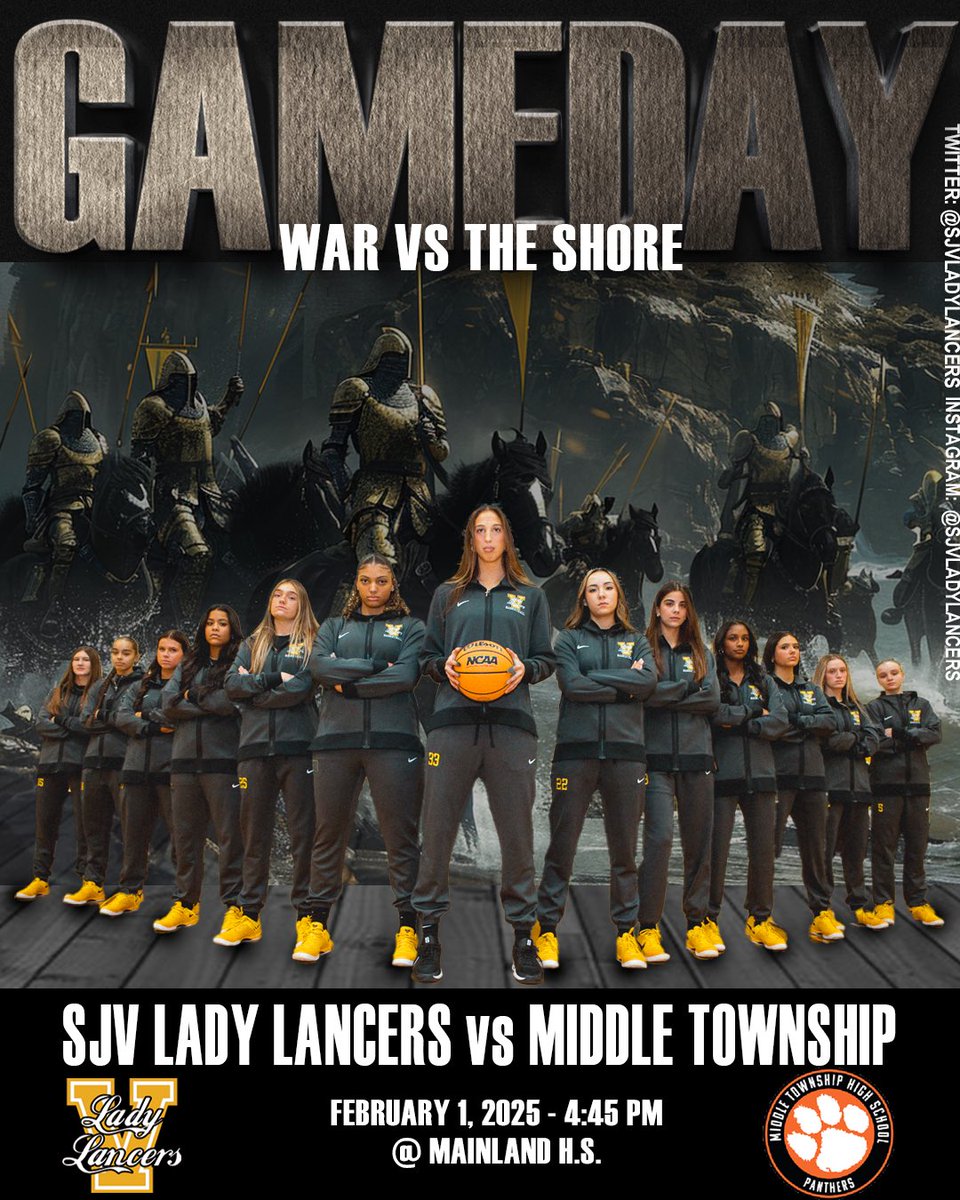 GAMEDAY!  Pop out tomorrow, February 1 at 4:45 PM and support your SJV Lady Lancers as they take on Middle Township in the WAR vs THE SHORE Tournament at Mainland HS!  Let’s GO!  🏀 <a href="/sjvcoach/">Dawn Karpell</a> <a href="/pero_zoe/">Zoe</a> <a href="/SJVHS_Athletics/">Pat Smith</a> <a href="/SJVHS/">Saint John Vianney High School</a>  🎨 📸 <a href="/LauraBruen/">Laura Bruen</a>