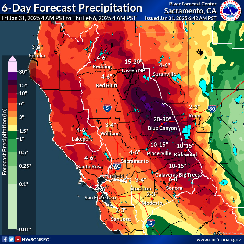 Up to 20-30 inches of rain will fall in Northern California in the Northern Sierra, with flood watches issued for over 10 million people.  

Locations above 7,000 feet along the Sierra crest will likely receive 4–8+ feet of snow over the next week. 

Tropical moisture originating