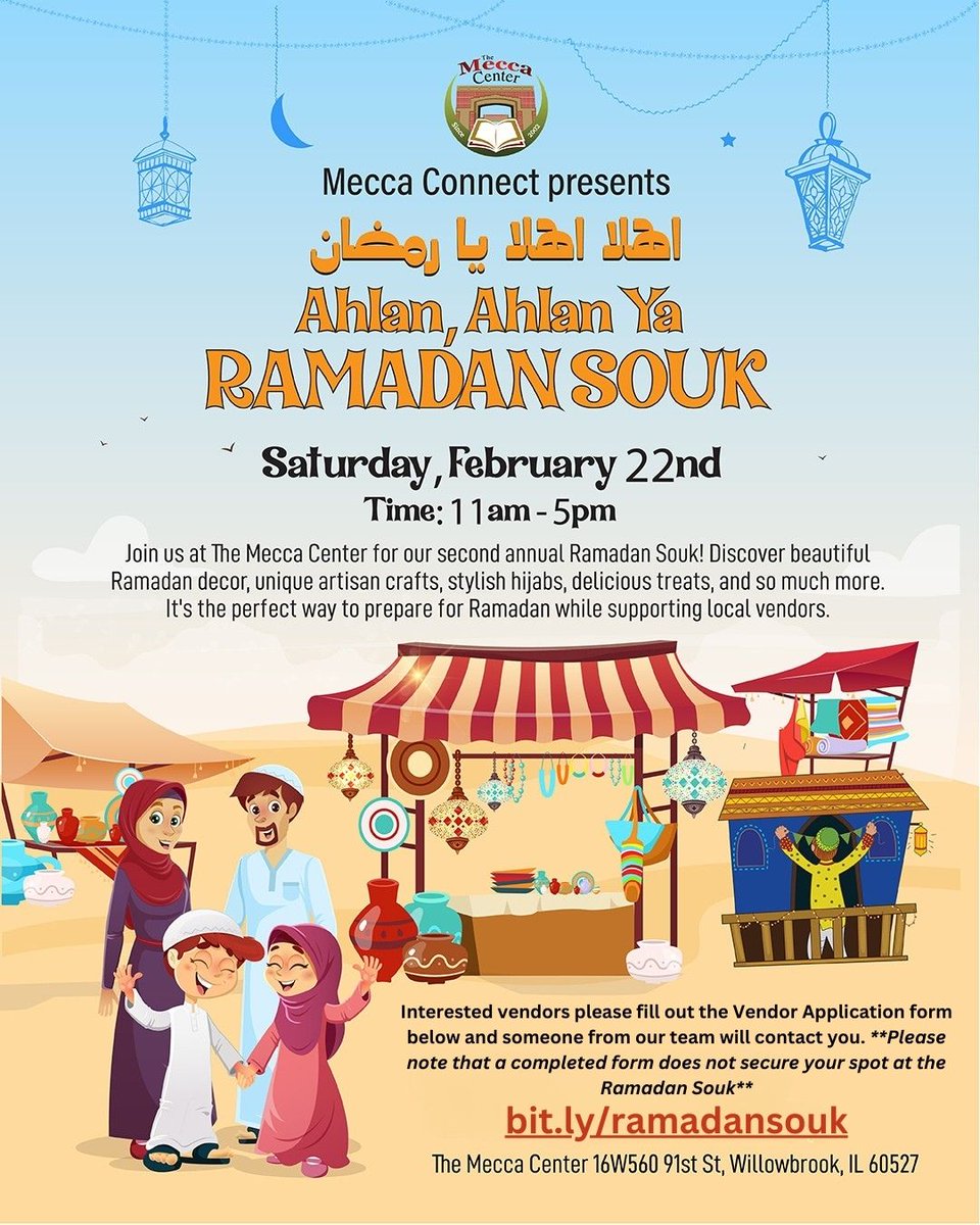 Last chance for vendors to apply for this year's Ramadan Souk! 📢

If you're interested in showcasing your products, apply today at bit.ly/ramadansouk. Don't miss out on this amazing opportunity to connect with the community and share your offerings!