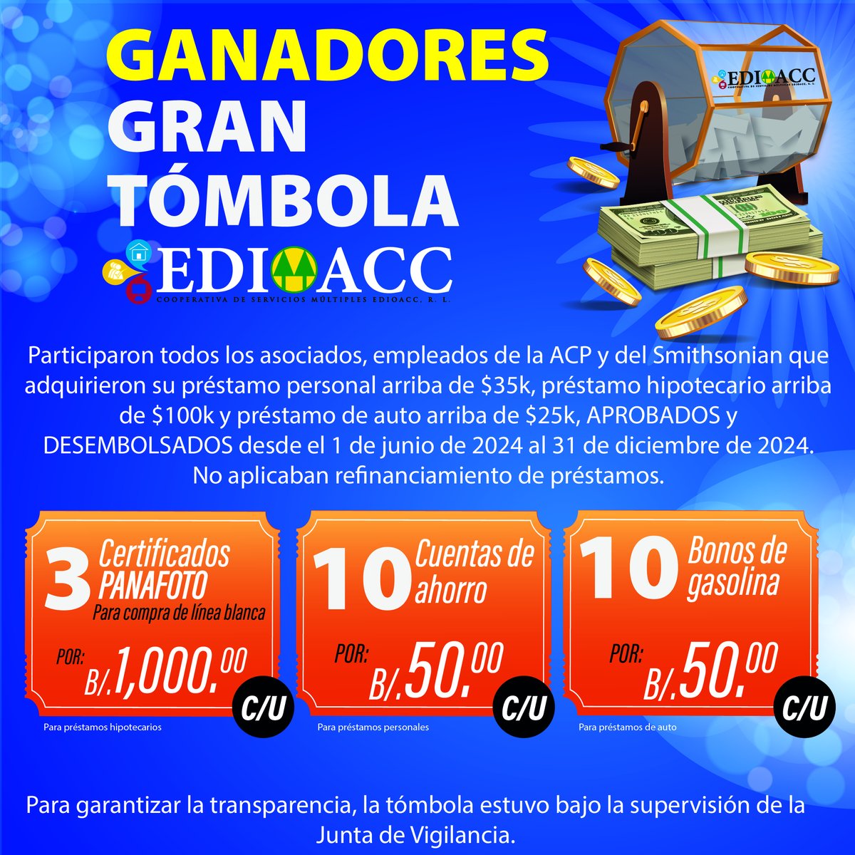 EDIOACC's tweet photo. GANADORES de la GRAN TÓMBOLA. Gracias a todos los asociados, empleados de la ACP y del smithsonian que participaron en nuestra feria de préstamos durante el año 2024. #Edioacc #siemprecontigo https://t.co/9gHkoV4TBD